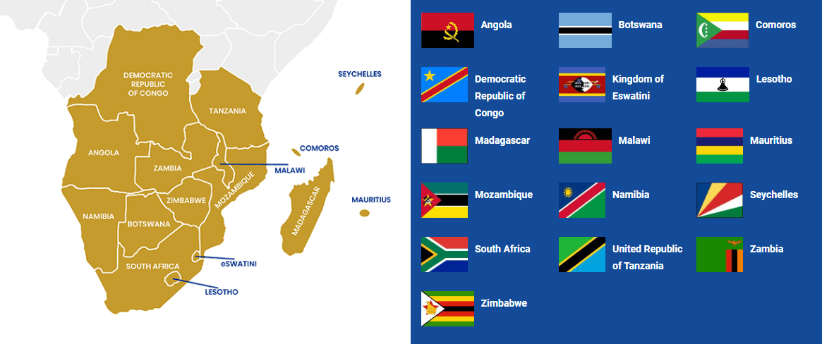 Carte des pays membres de la SADC